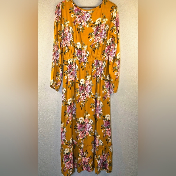 KORI America Boutique Floral Golden Yellow Dress Boho Romantic Tie-Neck – Size L - Picture 9 of 17